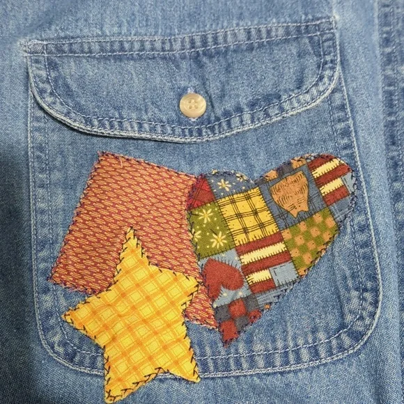 🟢 Upper West Side sz large Vintage denim long sleeve shirt w/ applique InvW028 - Picture 5 of 7